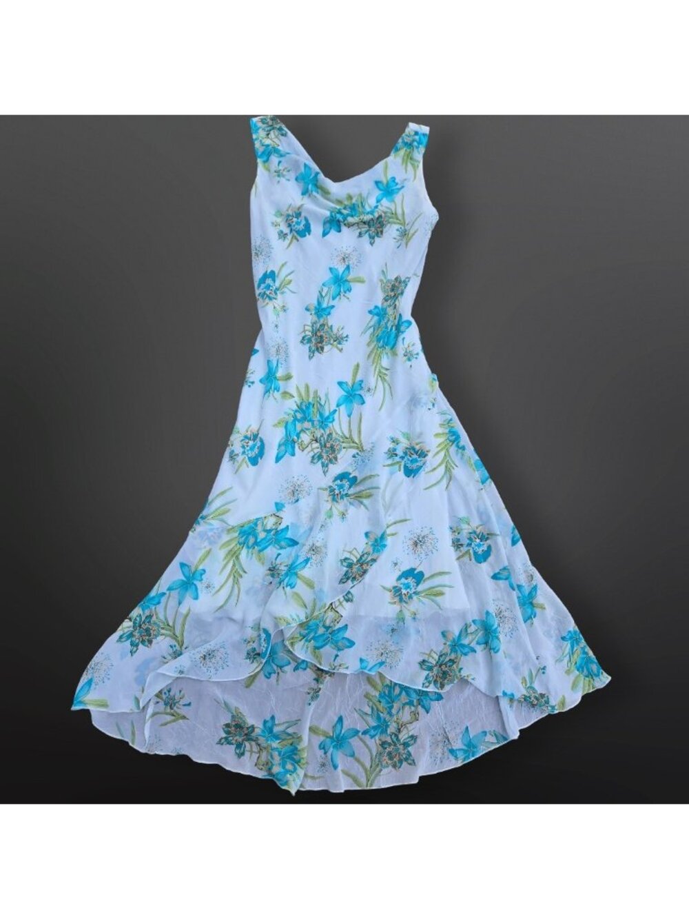 Vintage 90s Y2K Asymmetrical Bias Cut White Blue Long Floral Dress Size 12 Fairy